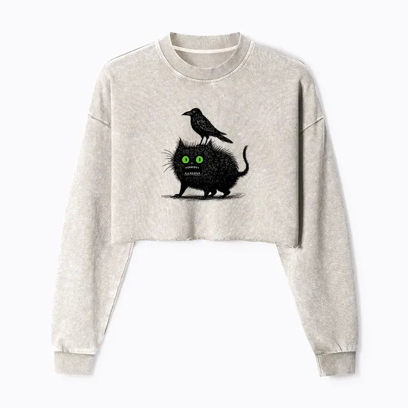 Kyoto-Lion Crow And Black Cat Washed Crop Sweatshirt
