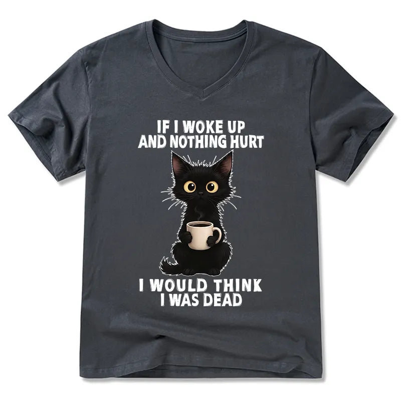 Kyoto-Lion Funny Cute Black Cat And Coffee Meme V-Neck Classic T-Shirt