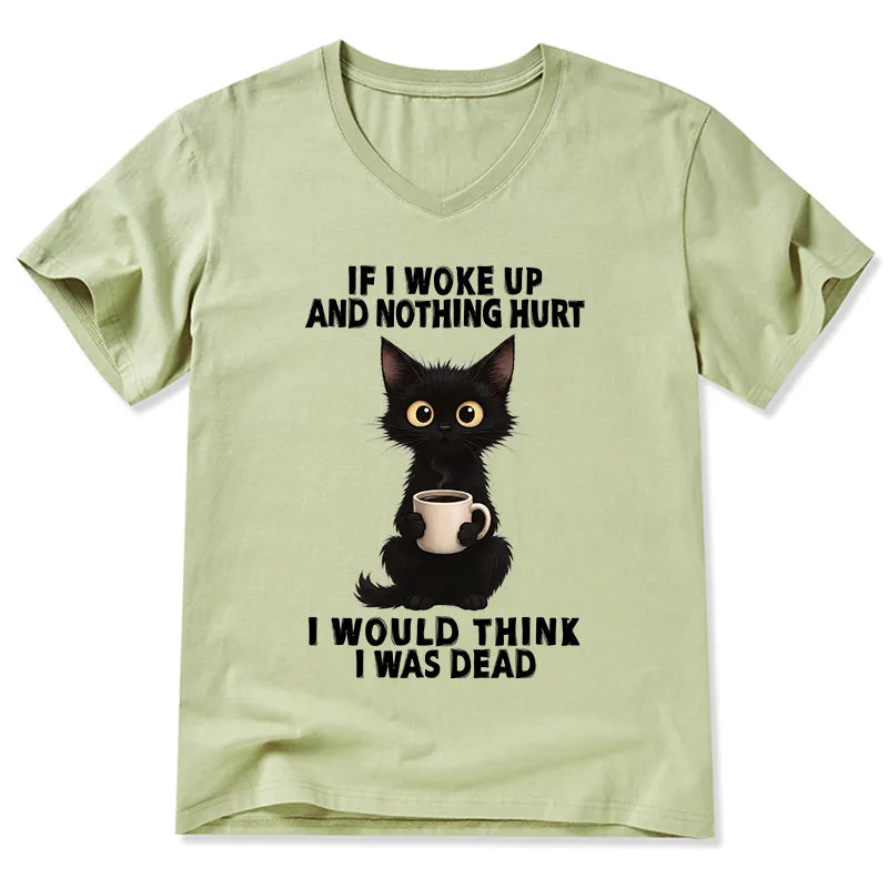 Kyoto-Lion Funny Cute Black Cat And Coffee Meme V-Neck Classic T-Shirt
