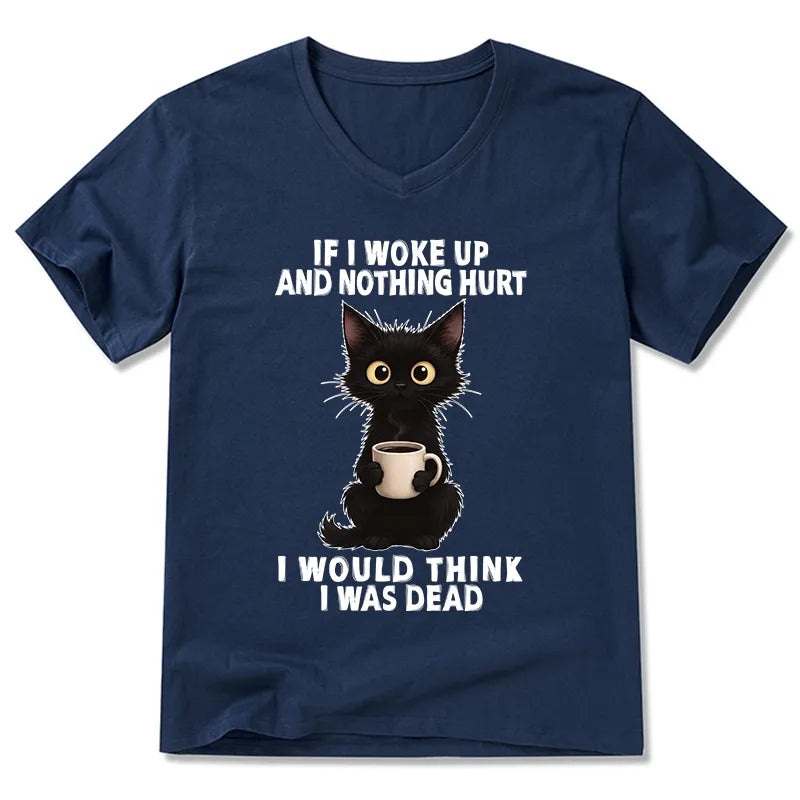 Kyoto-Lion Funny Cute Black Cat And Coffee Meme V-Neck Classic T-Shirt