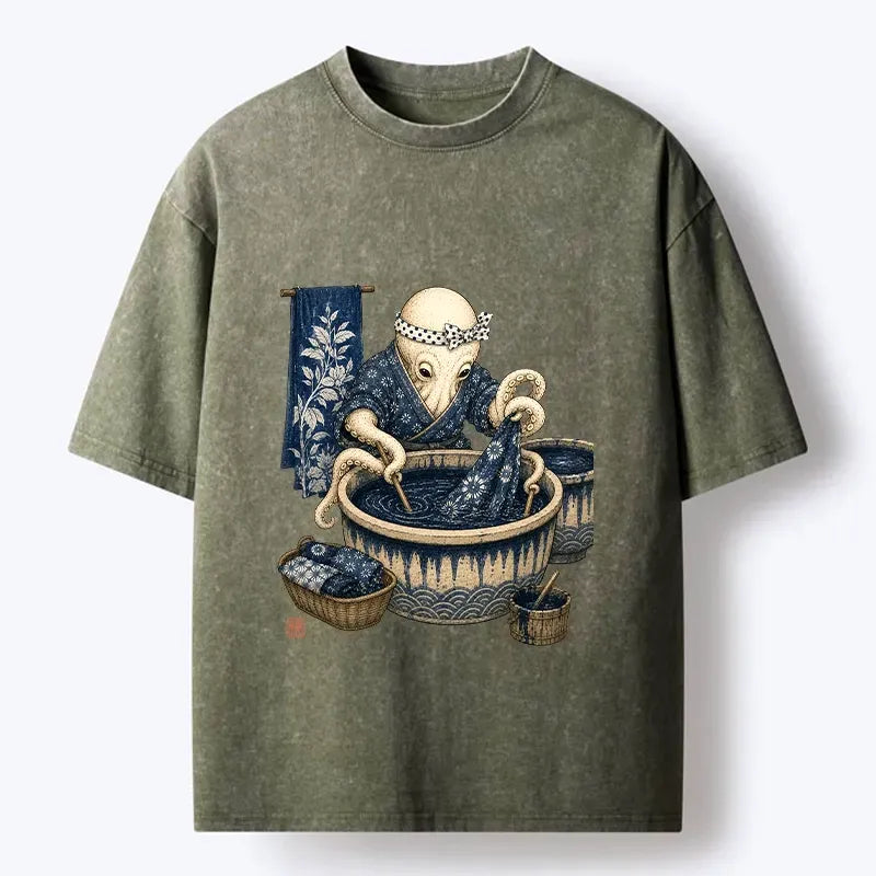 Kyoto-Lion Kimono Dye Octopus Art Washed T-Shirt