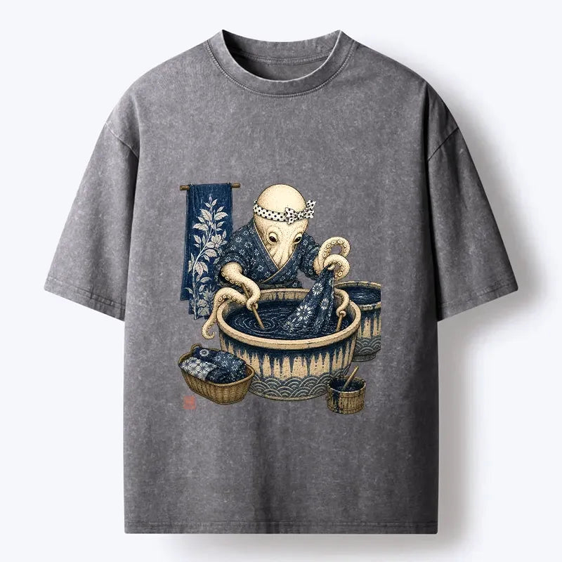 Kyoto-Lion Kimono Dye Octopus Art Washed T-Shirt