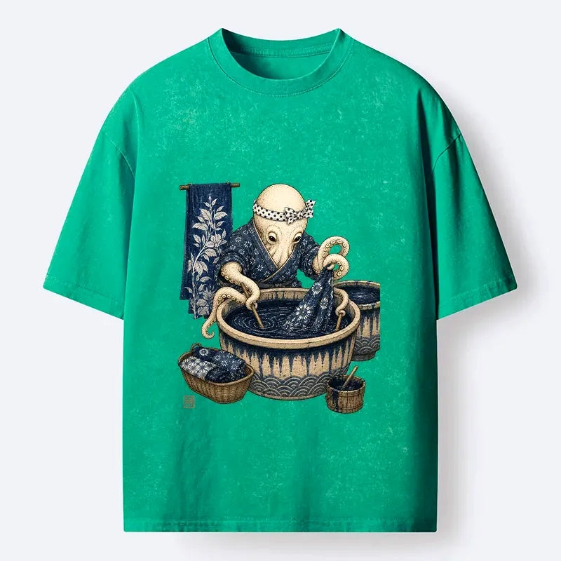 Kyoto-Lion Kimono Dye Octopus Art Washed T-Shirt