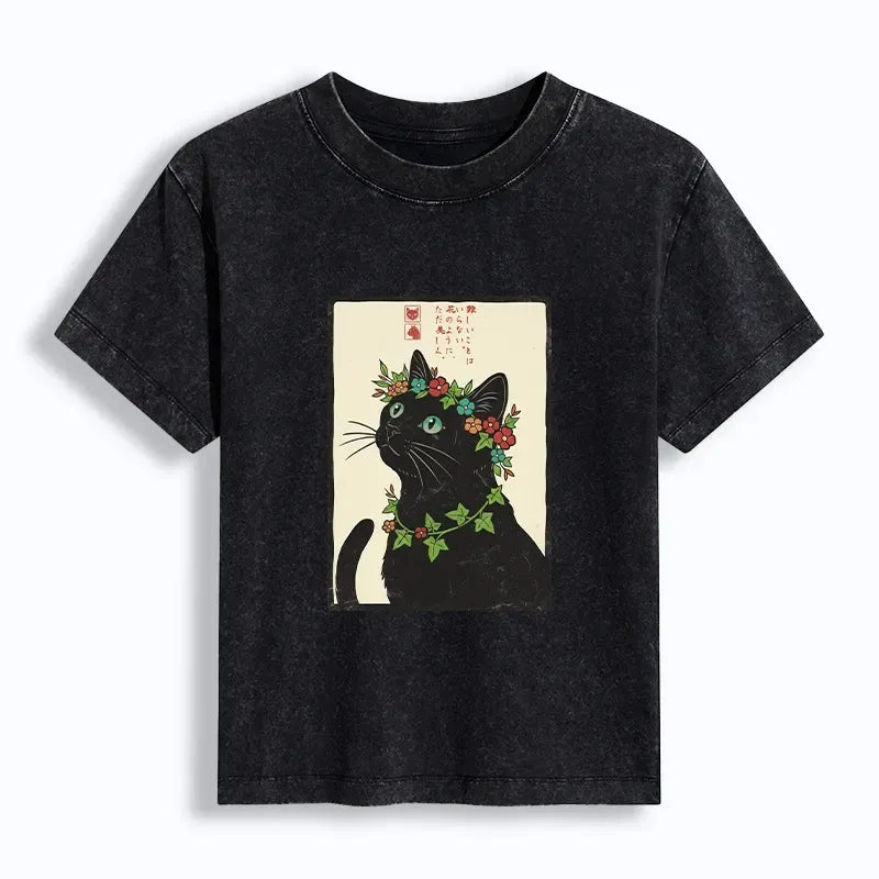 Flower Crown Cat Washed T-shirt for Women