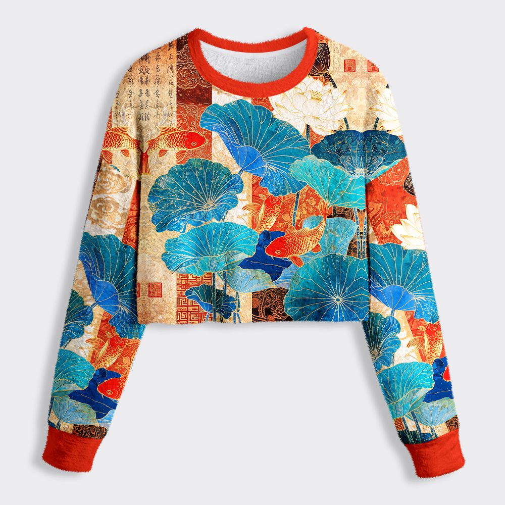Kyoto-Lion Koi Among Brocade Lotus Women's Fuzzy Cropped Sweatshirt
