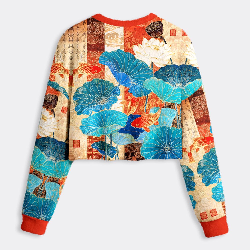 Kyoto-Lion Koi Among Brocade Lotus Women's Fuzzy Cropped Sweatshirt