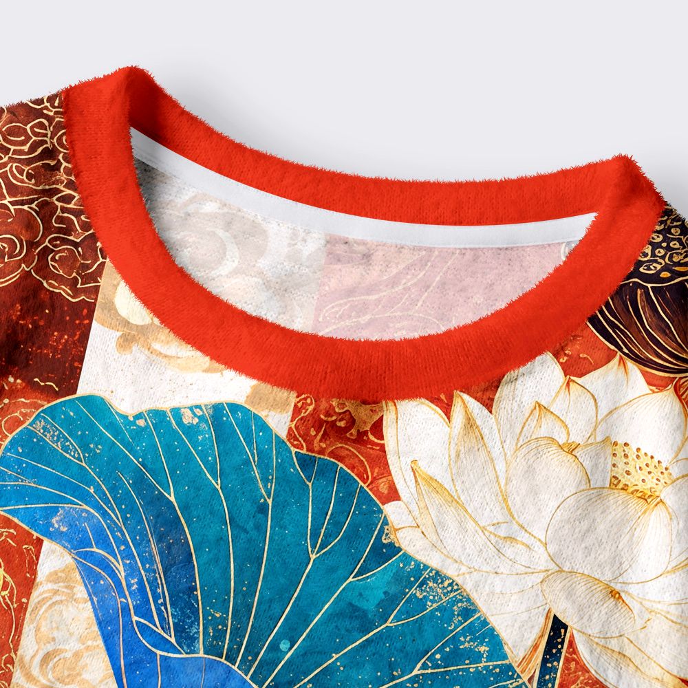 Kyoto-Lion Koi Among Brocade Lotus Women's Fuzzy Cropped Sweatshirt