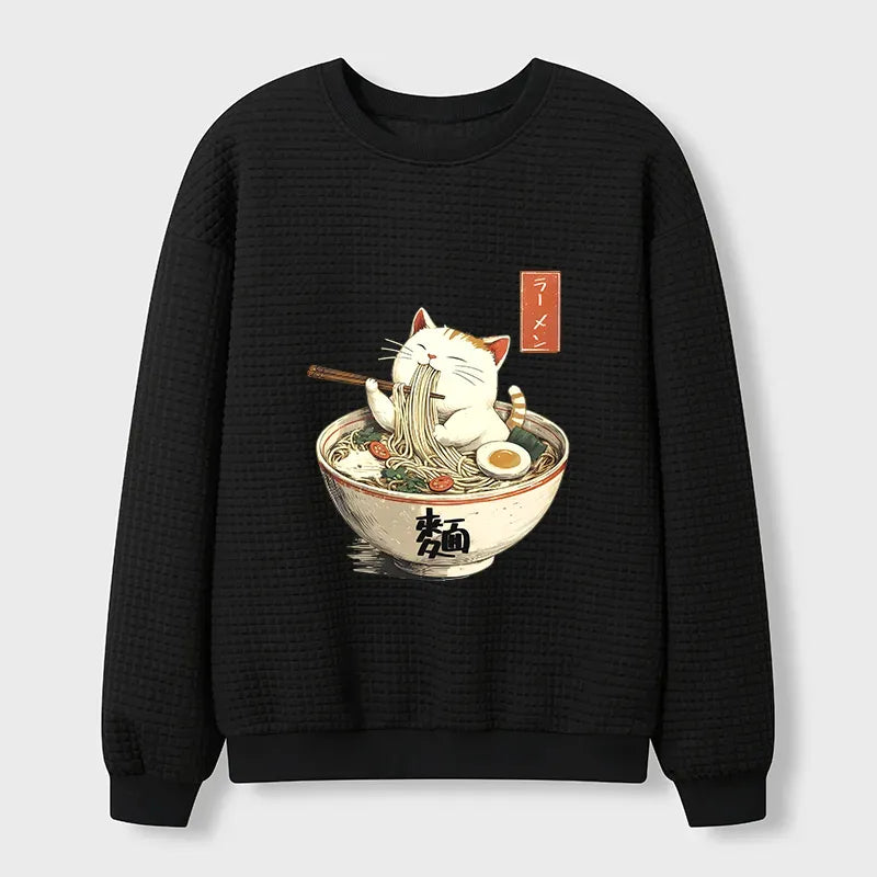 Kyoto-Lion White Cat Eating Ramen Japan Waffle Sweatshirt
