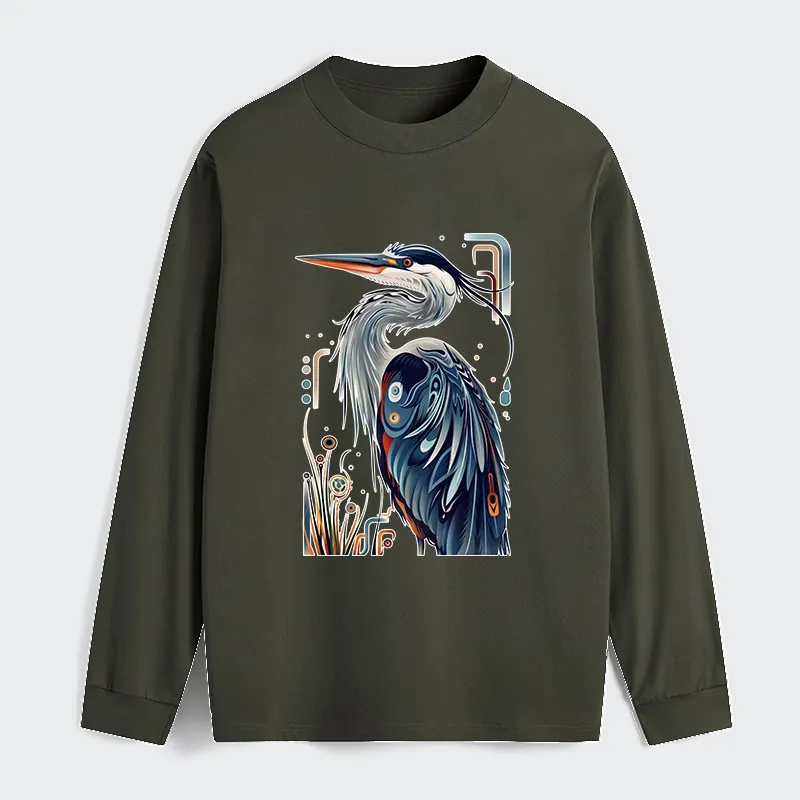 Kyoto-Lion Stylish Blue Heron Classic Long Sleeve T-Shirt