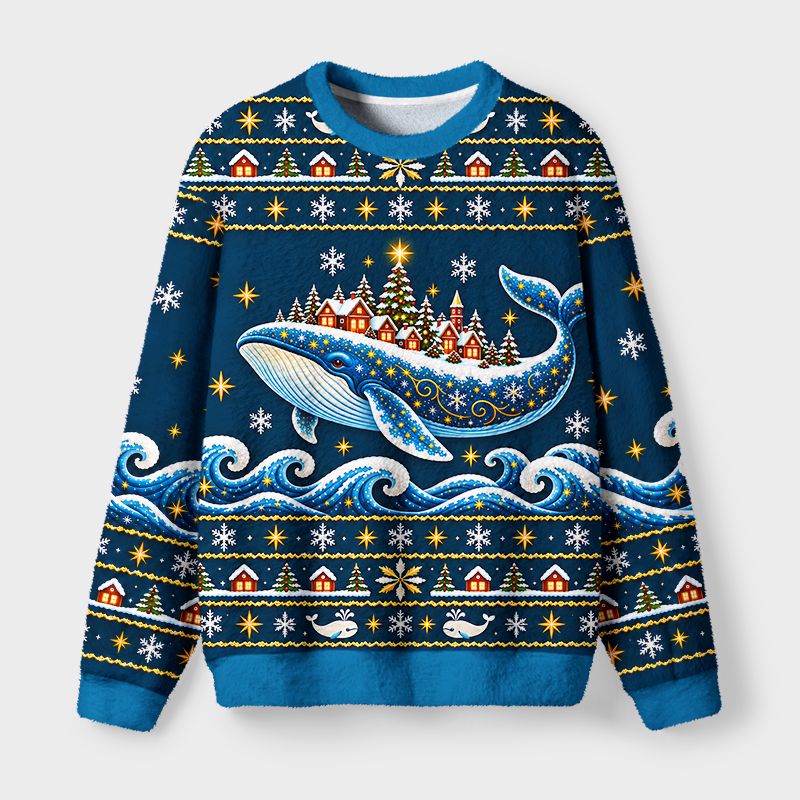 Kyoto-Lion Whale Christmas Town Fuzzy Christmas Ugly Sweatshirt