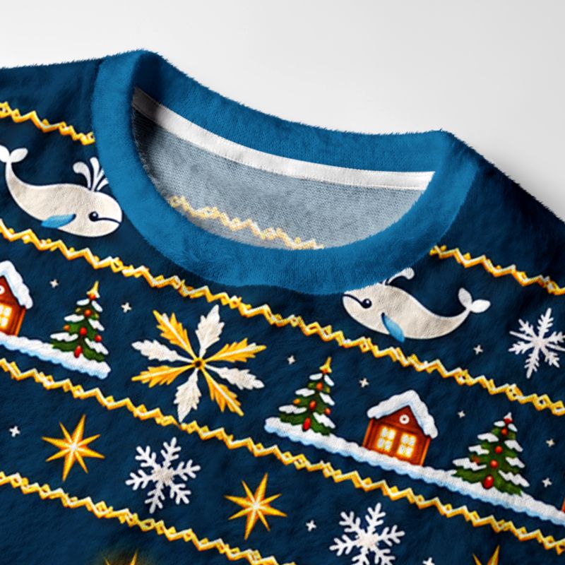 Kyoto-Lion Whale Christmas Town Fuzzy Christmas Ugly Sweatshirt