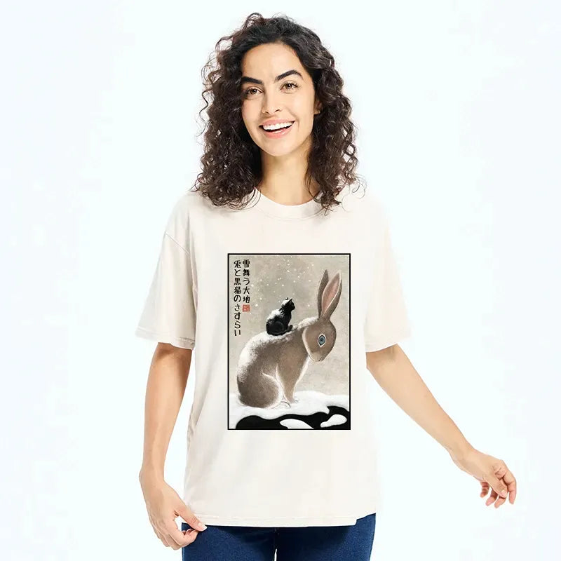 Kyoto-Lion Folk Hare And Cat Washed T-Shirt