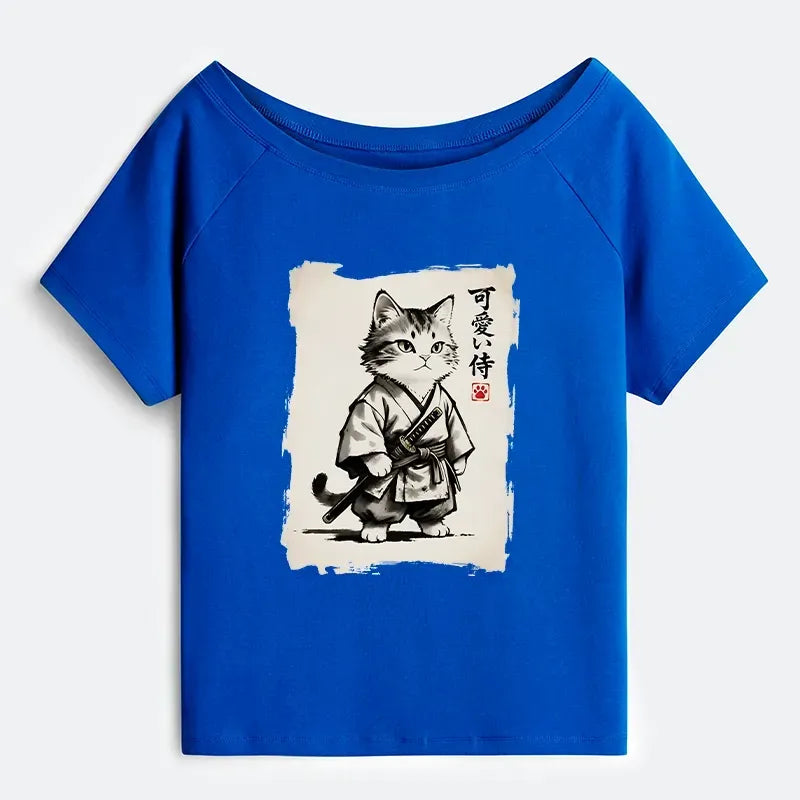 Kyoto-Lion Japanese Samurai Cat Illustration Off Shoulder T-Shirt