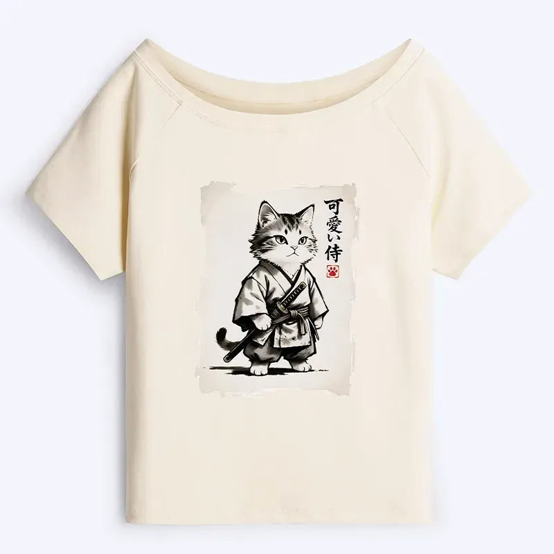 Japanese Samurai Cat Illustration T-Shirt for Women