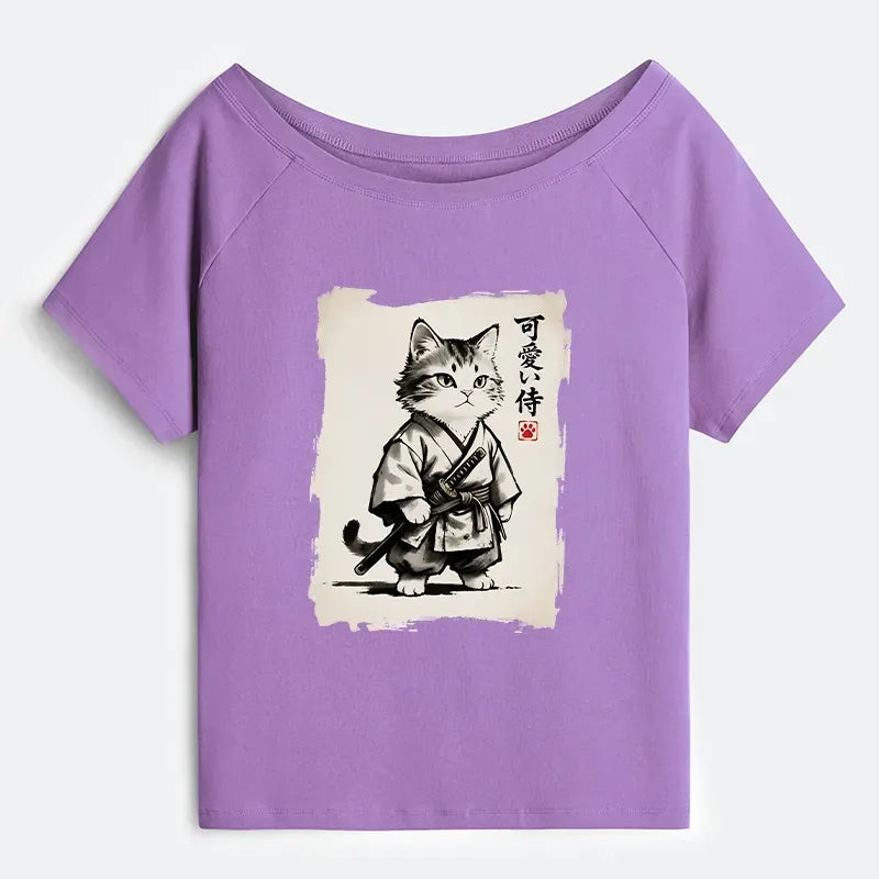 Trendy Japanese Samurai Cat T-Shirt for Women