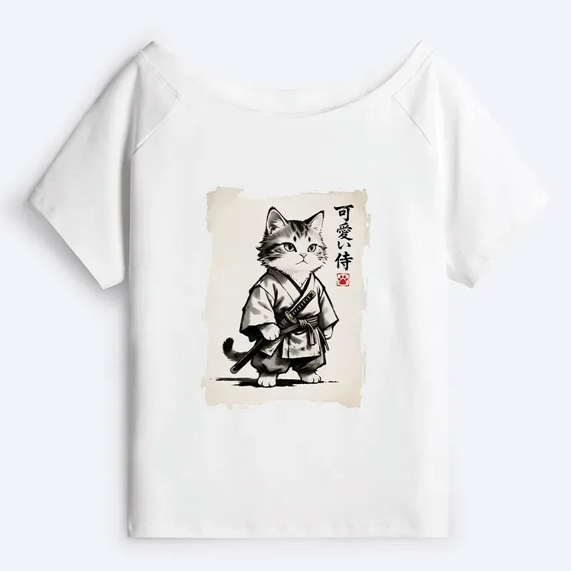 Off Shoulder Japanese Cat T-Shirt for Summer
