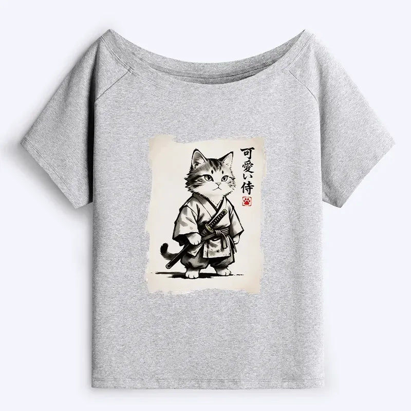 Trendy Japanese Samurai Cat T-Shirt for Women