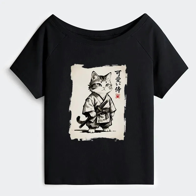 Trendy Japanese Samurai Cat T-Shirt for Women