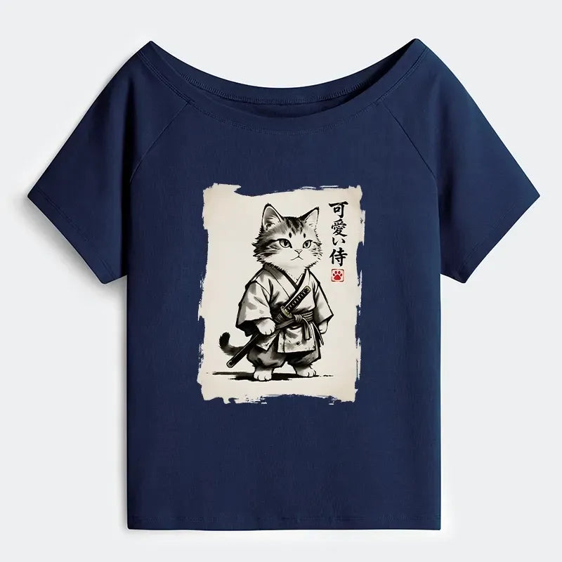 Japanese Samurai Cat Illustration T-Shirt for Women