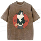 Washed Vintage Cat T-Shirt for Daily Wear
