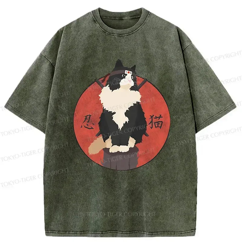 Kyoto-Lion Cute Ninja Cat Washed T-Shirt