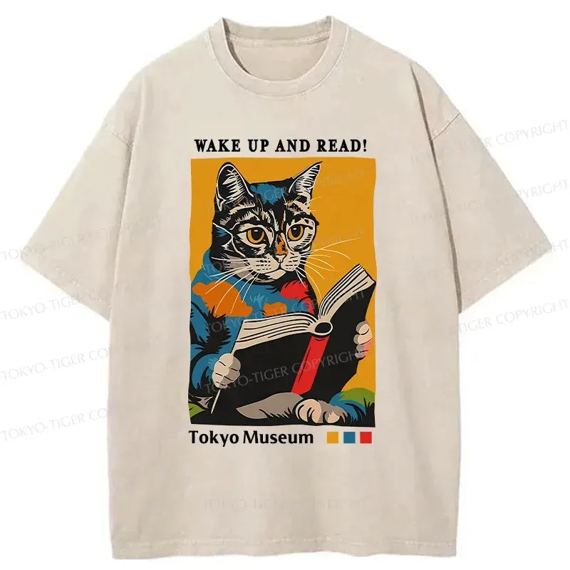 Kyoto-Lion Cat Reading Washed T-Shirt