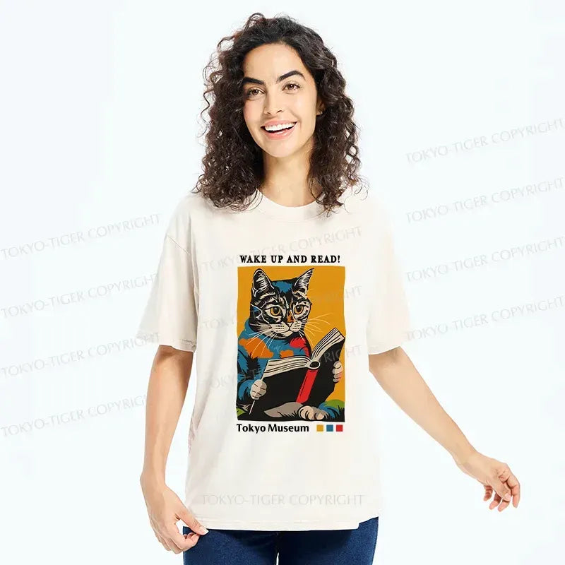 Kyoto-Lion Cat Reading Washed T-Shirt