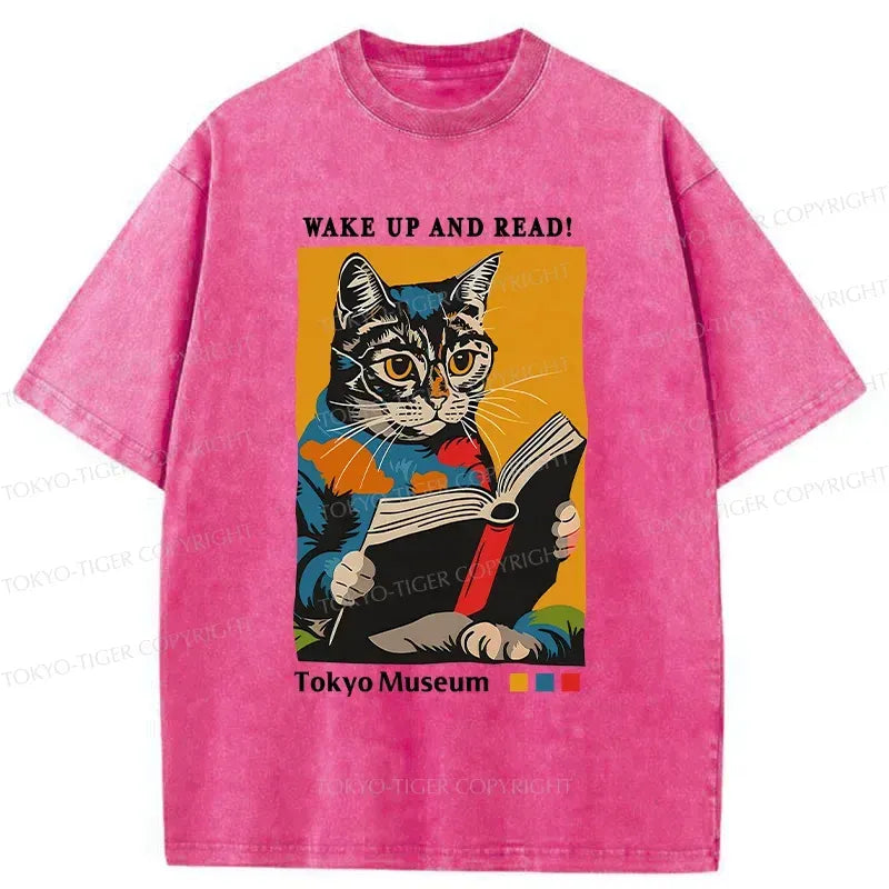 Kyoto-Lion Cat Reading Washed T-Shirt