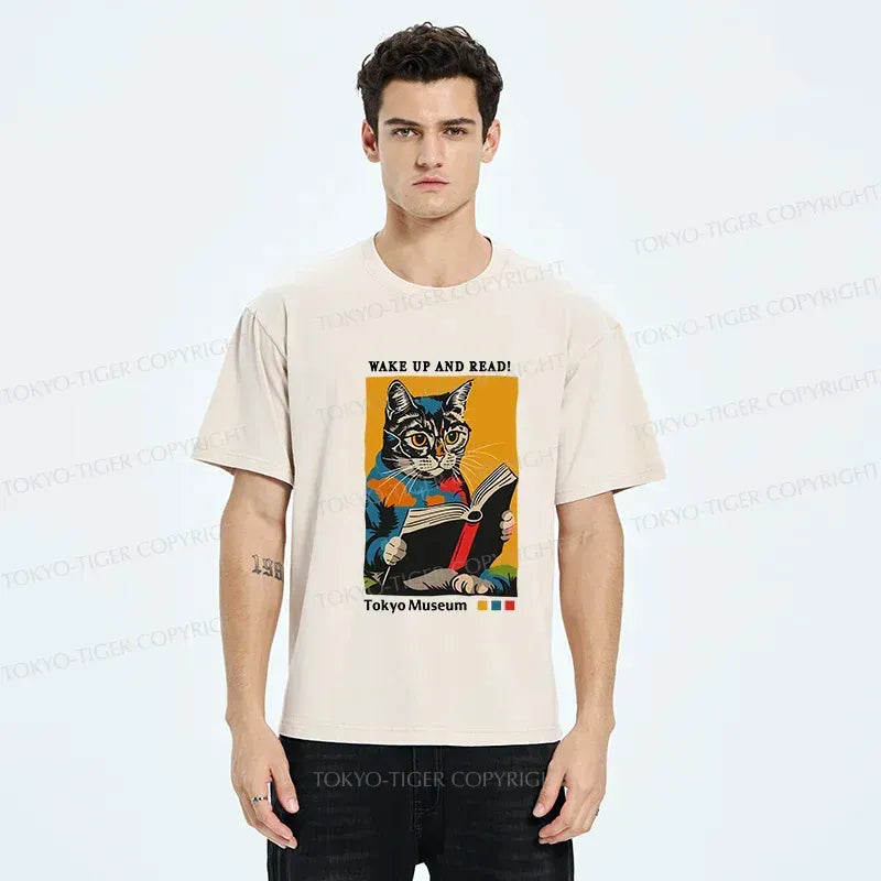 Kyoto-Lion Cat Reading Washed T-Shirt