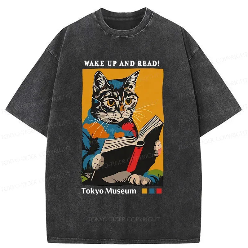Kyoto-Lion Cat Reading Washed T-Shirt