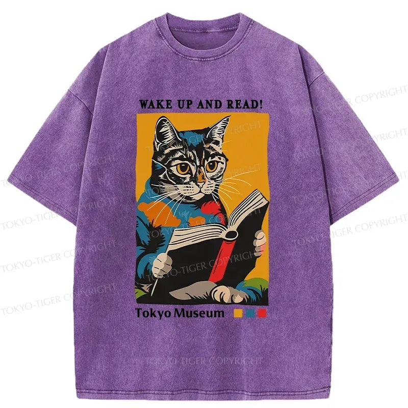 Kyoto-Lion Cat Reading Washed T-Shirt