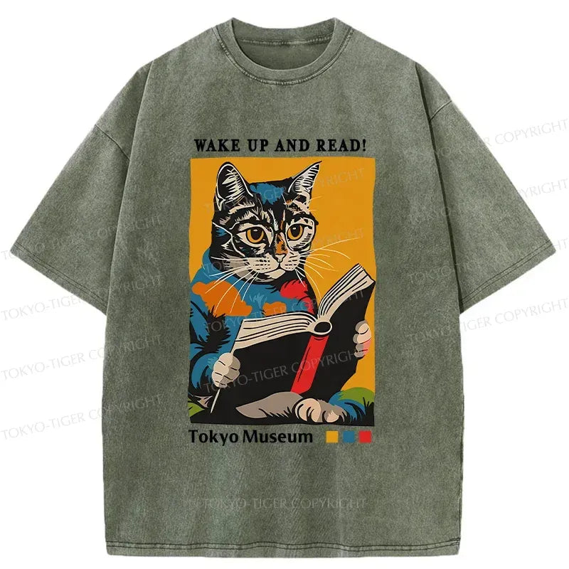 Kyoto-Lion Cat Reading Washed T-Shirt