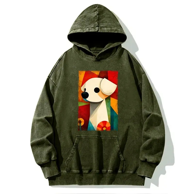 Kyoto-Lion Retro Abstract Color Block Puppy Art Washed Hoodie