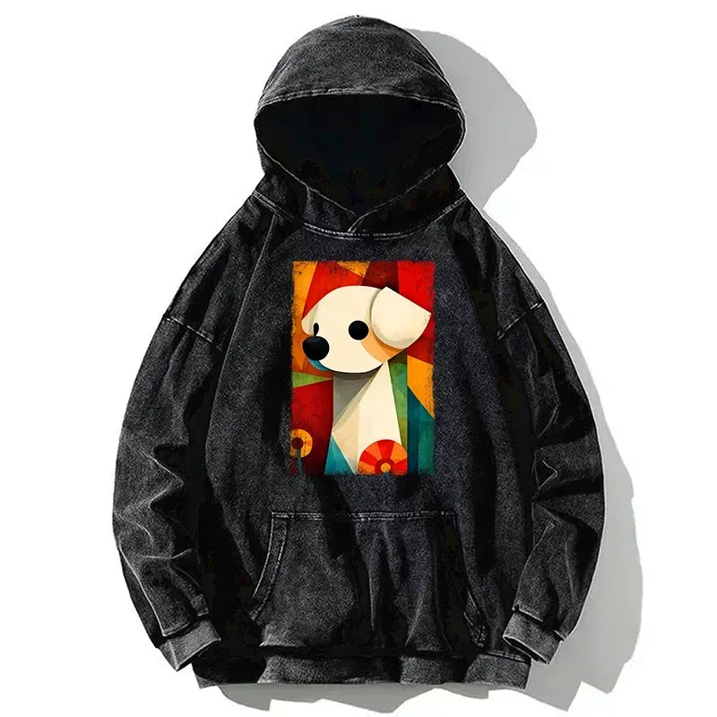 Kyoto-Lion Retro Abstract Color Block Puppy Art Washed Hoodie