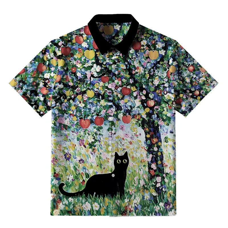 Japanese Black Cat Button-up Shirt for Streetwear