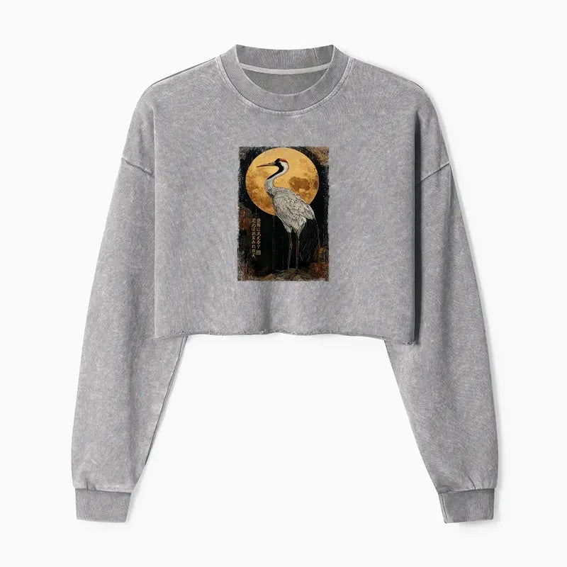 Kyoto-Lion Vintage Japanese Crane Kanji Washed Crop Sweatshirt