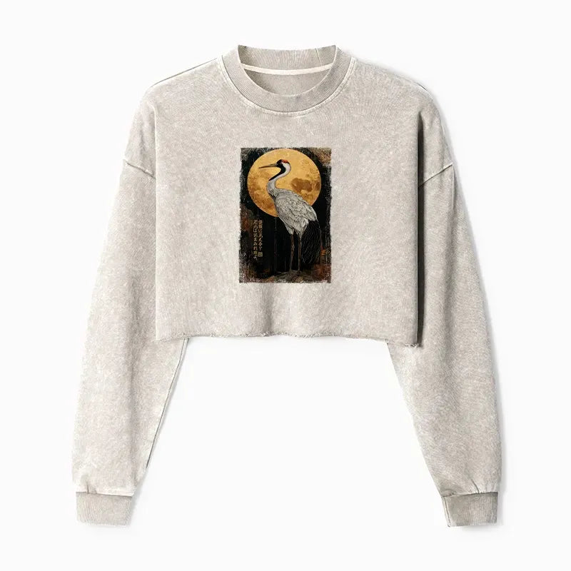 Kyoto-Lion Vintage Japanese Crane Kanji Washed Crop Sweatshirt