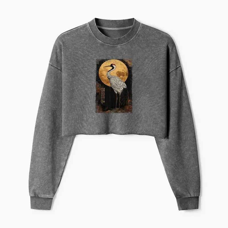 Kyoto-Lion Vintage Japanese Crane Kanji Washed Crop Sweatshirt