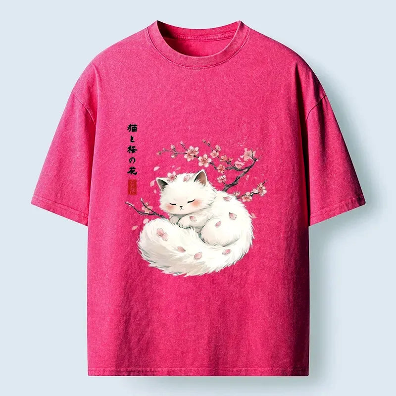 Sakura Cat Washed T-Shirt for Peaceful Sleep