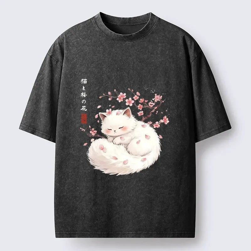 Soft Sakura Cat Ukiyo-e T-Shirt for Daily Wear