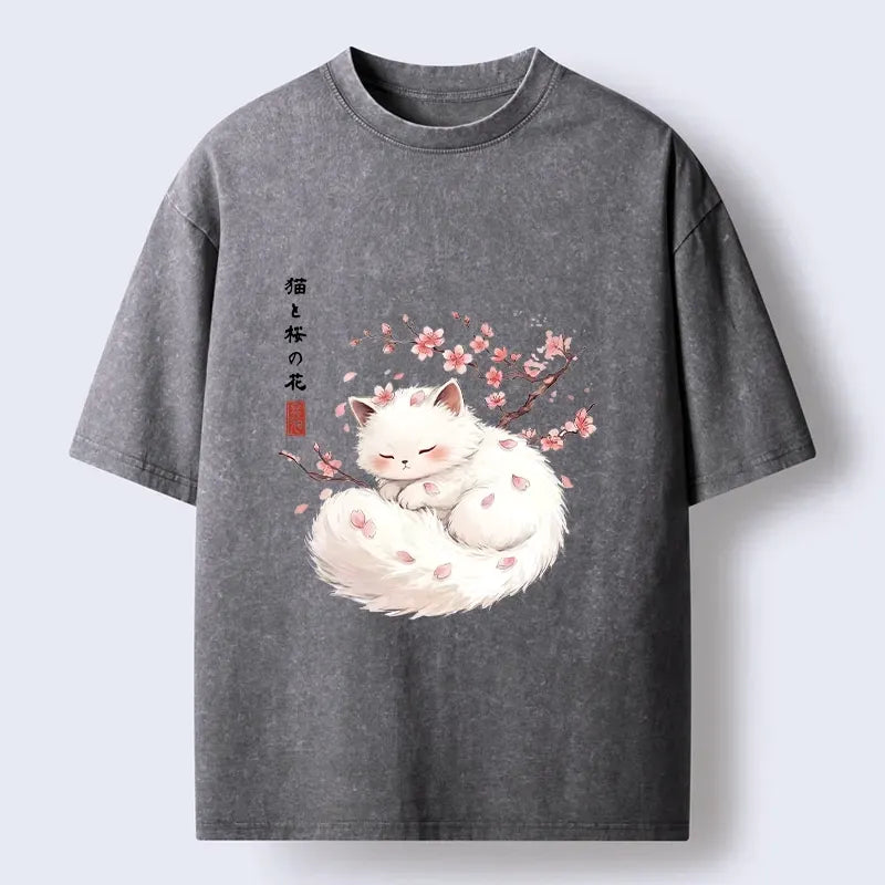 Sakura Cat Washed T-Shirt for Peaceful Sleep