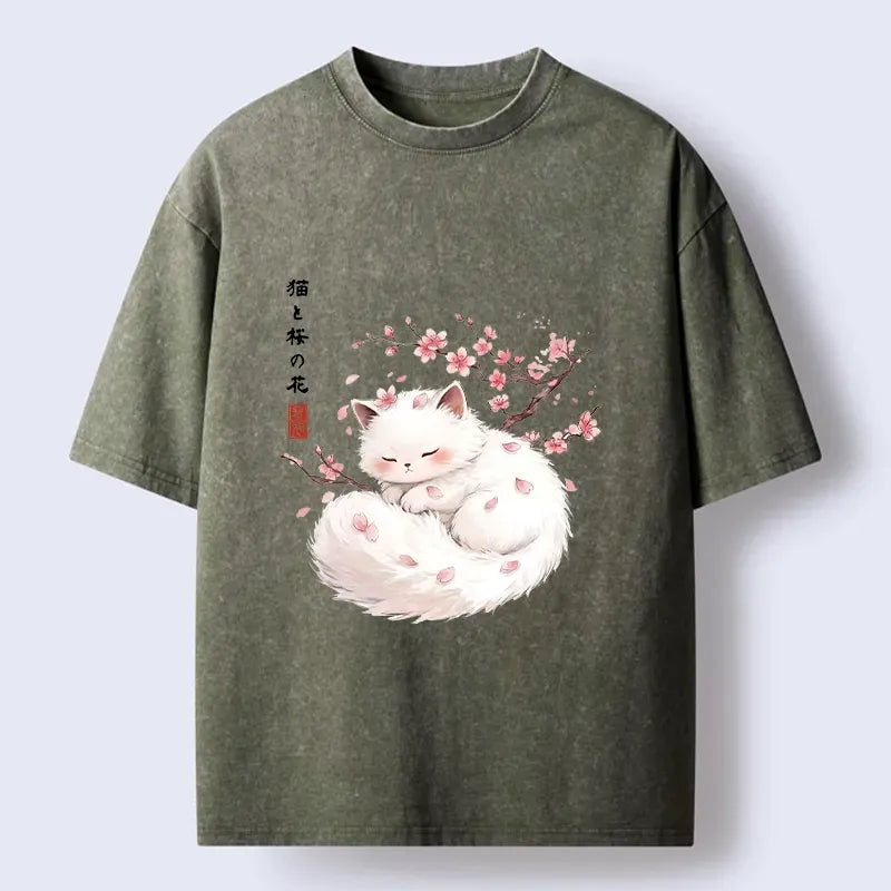 Kyoto-Lion Soft Sakura White Cat Peaceful Sleep Washed T-Shirt