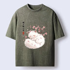 Kyoto-Lion Soft Sakura White Cat Peaceful Sleep Washed T-Shirt