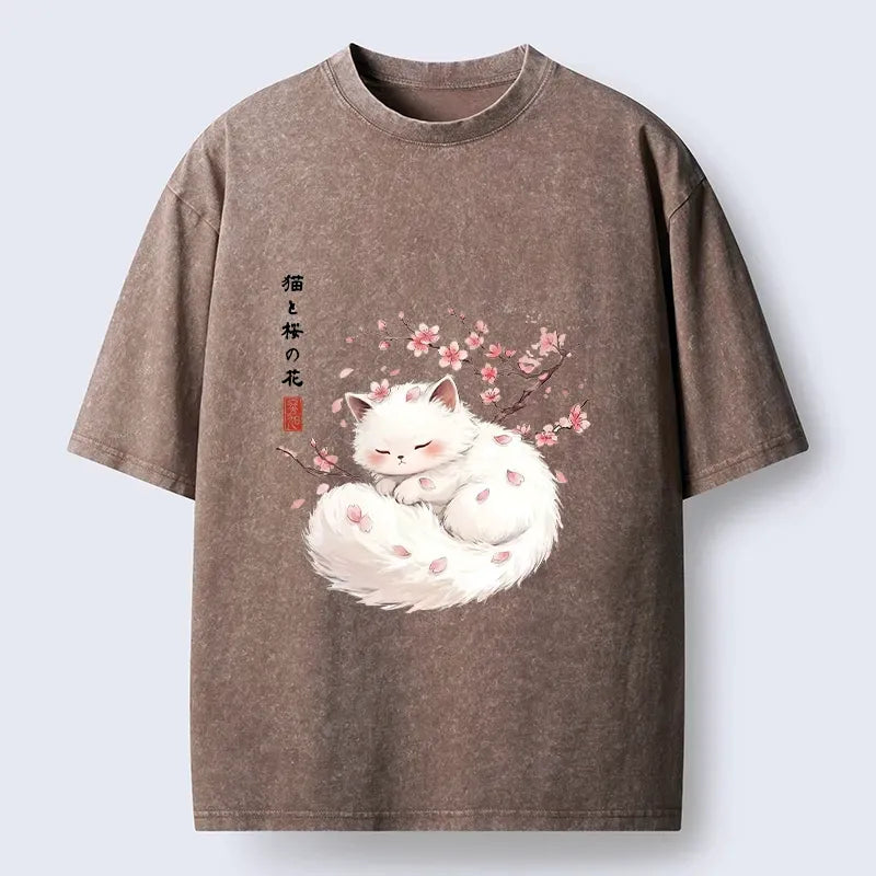 Japanese Vintage White Cat T-Shirt with Free Shipping