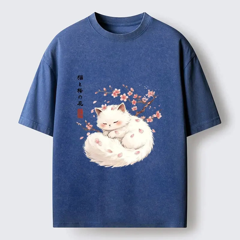 Sakura Cat Washed T-Shirt for Peaceful Sleep