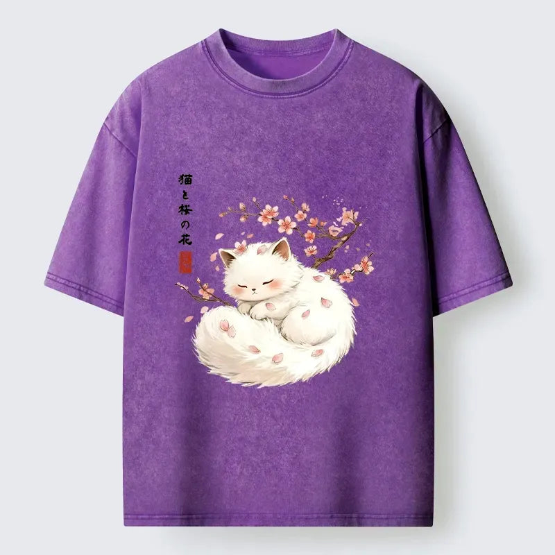 Soft Sakura Cat Ukiyo-e T-Shirt for Daily Wear
