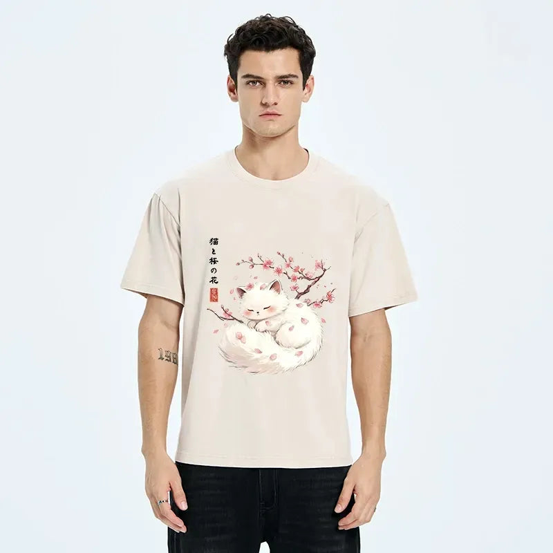 Kyoto-Lion Soft Sakura White Cat Peaceful Sleep Washed T-Shirt