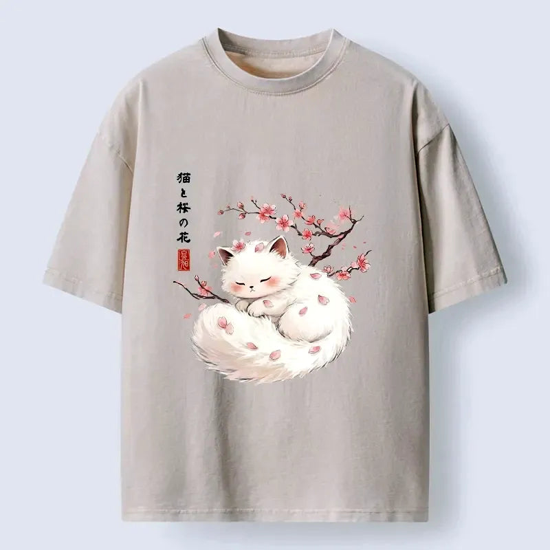 Sakura Cat Washed T-Shirt for Peaceful Sleep
