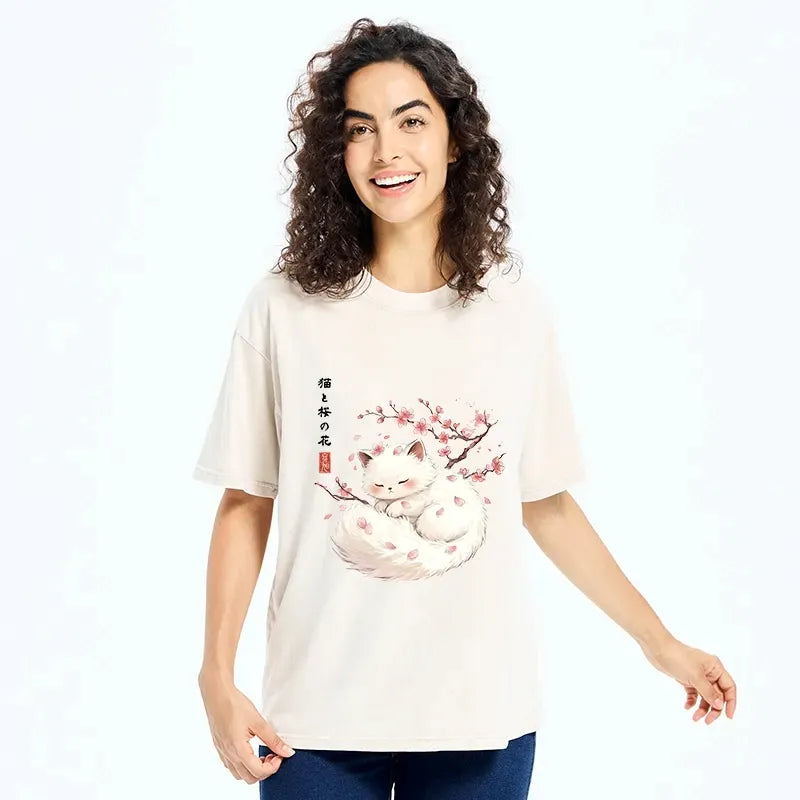 Kyoto-Lion Soft Sakura White Cat Peaceful Sleep Washed T-Shirt