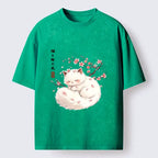 Kyoto-Lion Soft Sakura White Cat Peaceful Sleep Washed T-Shirt